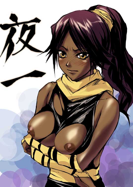 bleach blush breasts brown_eyes crossed_arms dark_skin large_breasts nipples ponytail purple_hair redrop shihouin_yoruichi solo torn_clothes