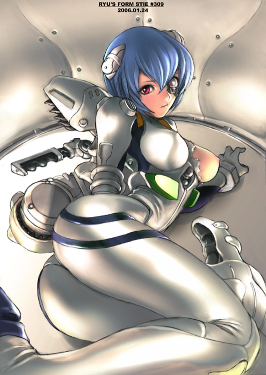 ass ayanami_rei blue_hair bodysuit breasts large_breasts neon_genesis_evangelion plugsuit red_eyes ryu_(ryu's_former_site) shiny shiny_clothes short_hair skin_tight solo torn_clothes white_bodysuit