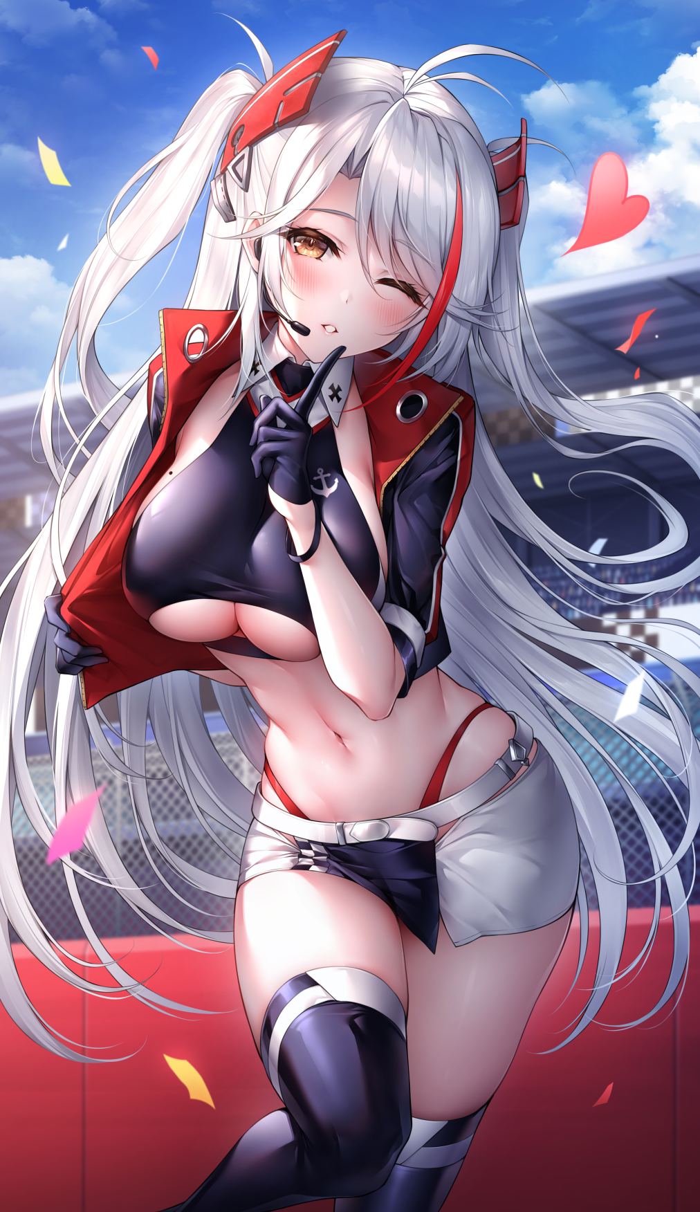 1girl antenna_hair azur_lane bangs blue_sky breasts brown_eyes cloud collared_shirt commentary_request confetti crop_top cropped_jacket day eyebrows_visible_through_hair finger_to_mouth floating_hair gloves headgear headset heart highleg highres index_finger_raised jacket large_breasts long_hair looking_at_viewer miniskirt mole mole_on_breast multicolored_hair navel official_alternate_costume one_eye_closed open_clothes open_jacket oyuwari panty_straps parted_lips prinz_eugen_(azur_lane) prinz_eugen_(final_lap)_(azur_lane) purple_gloves purple_jacket purple_legwear red_hair shirt short_sleeves shushing silver_hair skirt sky sleeveless sleeveless_shirt solo standing stomach streaked_hair thighhighs two_side_up underboob very_long_hair white_skirt