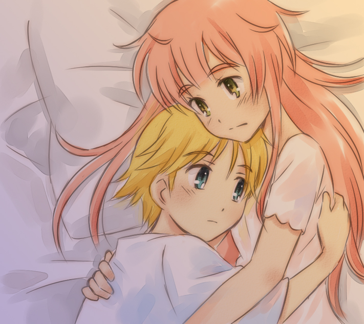 1boy 1girl age_difference bed blonde_hair blue_eyes blush cuddling dress green_eyes hug jinrui_wa_suitai_shimashita joshu-san long_hair lying mutual_hug on_side pink_hair short_hair watashi_(jintai) yayoi7