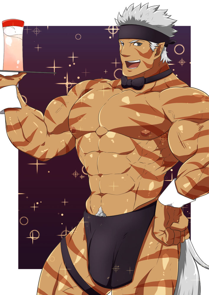 1boy abs alternate_costume apron bara biceps black_apron bodypaint bow bowtie bulge butler cyuss_warren dark-skinned_male dark_skin feet_out_of_frame holding holding_tray large_pectorals looking_at_viewer male_focus mature_male mikura0317 muscular muscular_male navel navel_hair nipples pectorals short_hair sideburns silver_hair smile solo sparkle star_ocean star_ocean_first_departure stomach tail thick_thighs thighs topless_male tray waist_apron waiter wrist_cuffs