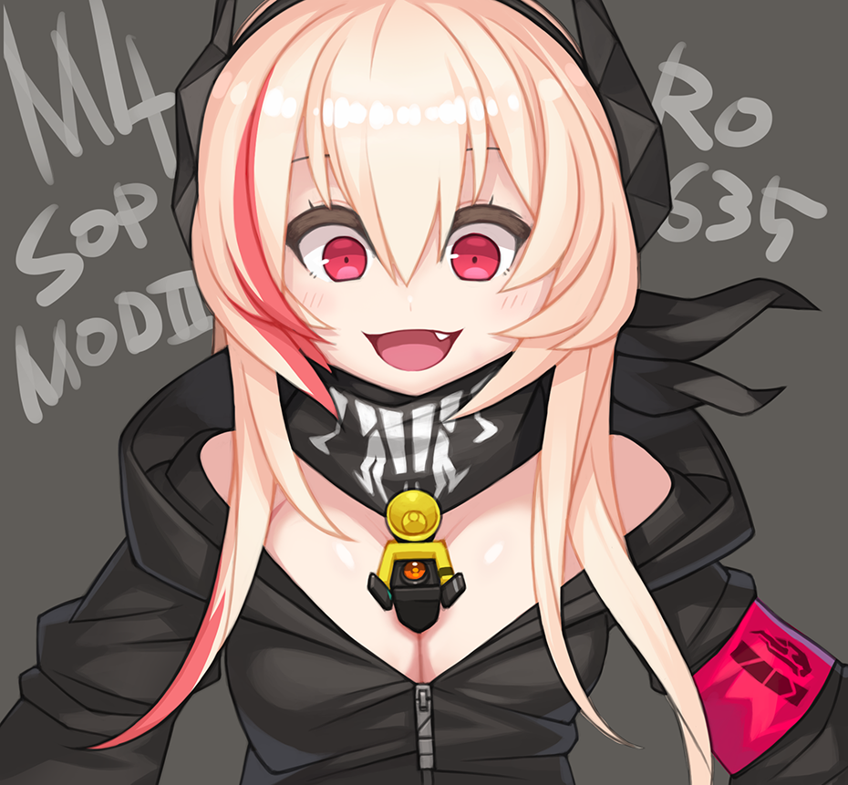 1girl :d bangs bare_shoulders blonde_hair blush breasts character_name cleavage commentary fang girls'_frontline headgear jacket long_hair looking_at_viewer m4_sopmod_ii_(girls'_frontline) multicolored_hair ran_system smile solo streaked_hair upper_body