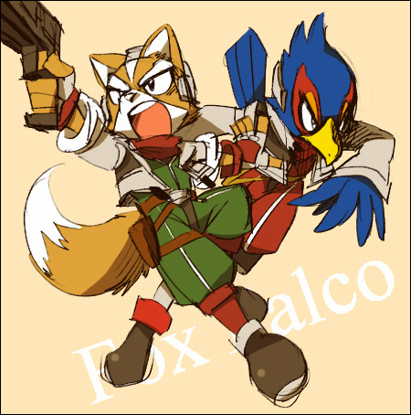 2boys animal_ears black_border black_eyes border commentary_request falco_lombardi fox_ears fox_mccloud furry furry_male gloves gun holding holding_gun holding_weapon holster itaru_souga lowres multiple_boys photoshop_(medium) star_fox super_smash_bros. tail weapon