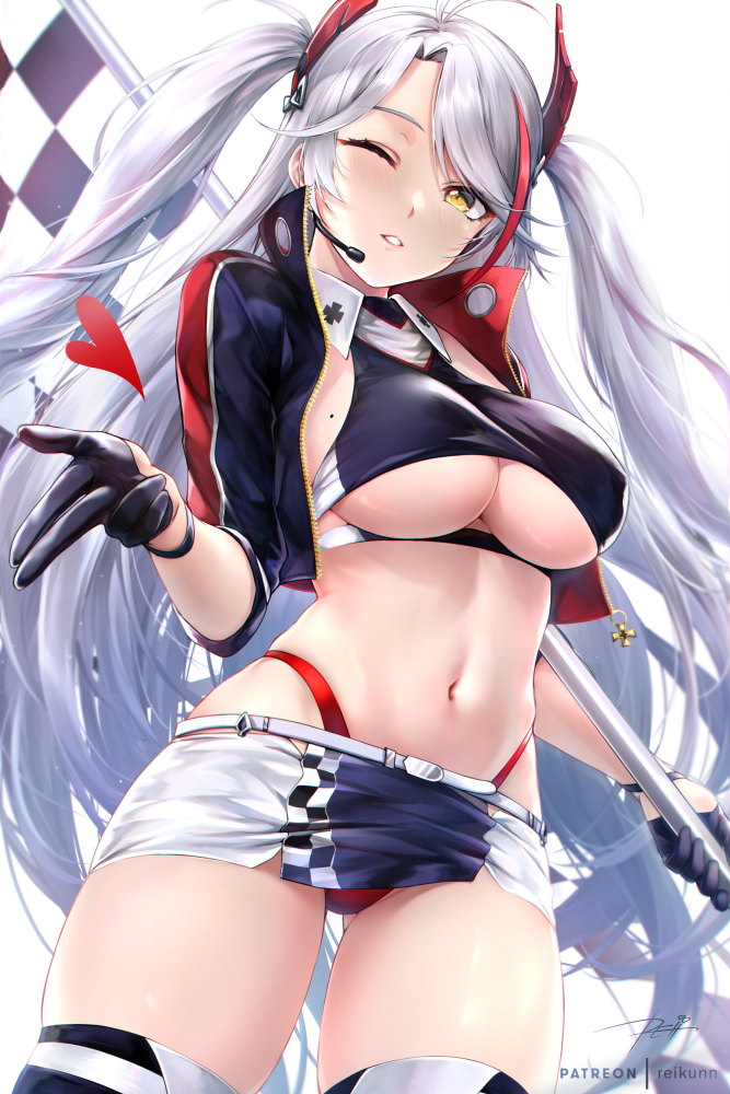 1girl azur_lane bangs belt black_jacket blush breasts checkered checkered_flag clothing_cutout commentary_request cropped_jacket earpiece flag gloves half_gloves holding holding_flag jacket large_breasts long_hair looking_at_viewer multicolored_hair official_alternate_costume one_eye_closed open_clothes open_jacket orange_eyes panties panty_straps parted_lips prinz_eugen_(azur_lane) prinz_eugen_(final_lap)_(azur_lane) race_queen red_panties rei_kun silver_hair smile solo streaked_hair thighhighs thighs two-tone_skirt two_side_up underboob underboob_cutout underwear white_belt