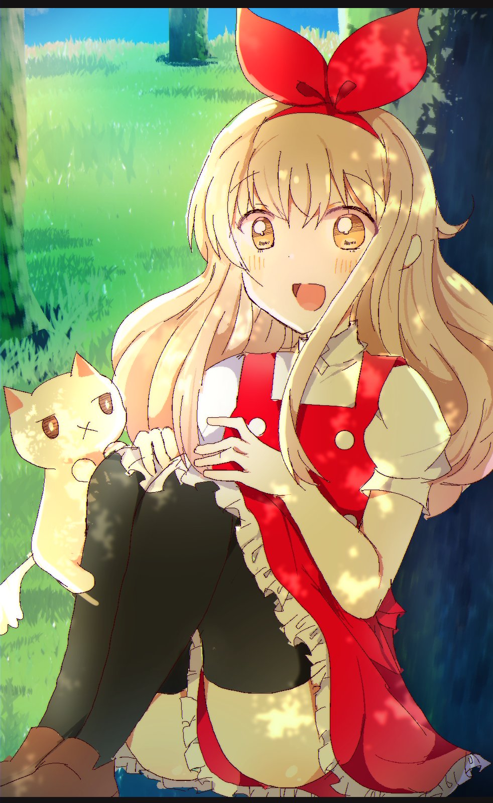 1boy 1girl black_legwear blonde_hair blush bow brown_footwear buttons cat ellen_(touhou) eyebrows_visible_through_hair frilled_skirt frills hair_bow happy highres jaggy_line long_hair open_mouth outdoors puffy_short_sleeves puffy_sleeves red_bow red_skirt red_vest shirt short_sleeves sitting skirt sokrates_(touhou) thighhighs touhou touhou_(pc-98) vest white_shirt yellow_eyes zeroko-san_(nuclear_f)