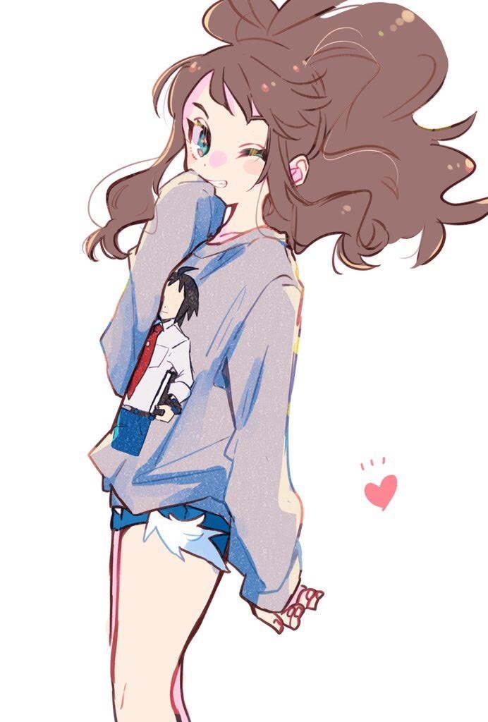 1girl bangs blue_shorts blush_stickers brown_hair character_name cheren_(pokemon) commentary eyelashes green_eyes grey_sweater grin heart high_ponytail hilda_(pokemon) long_hair long_sleeves misha_(ohds101) pokemon pokemon_(game) pokemon_bw pokemon_bw2 short_shorts shorts sidelocks simple_background smile solo sweater teeth white_background