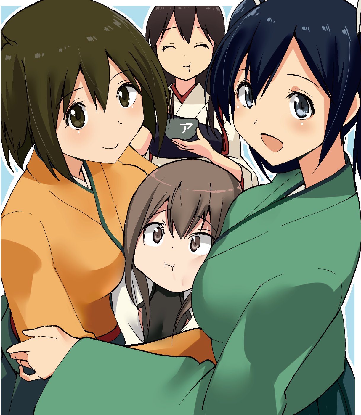 4girls akagi_(kancolle) bangs black_hair blue_background bowl breast_press breasts brown_eyes brown_hair chopsticks closed_eyes commentary_request eating eyebrows_visible_through_hair framed green_eyes green_hair green_kimono green_skirt grey_eyes hair_between_eyes highres hiryuu_(kancolle) holding holding_bowl holding_chopsticks japanese_clothes kantai_collection kimono light_blush long_hair long_sleeves looking_at_viewer masukuza_j multiple_girls muneate nontraditional_miko open_mouth orange_kimono out_of_frame outstretched_arms pleated_skirt pout pouty_lips short_hair skirt smile souryuu_(kancolle) taihou_(kancolle)