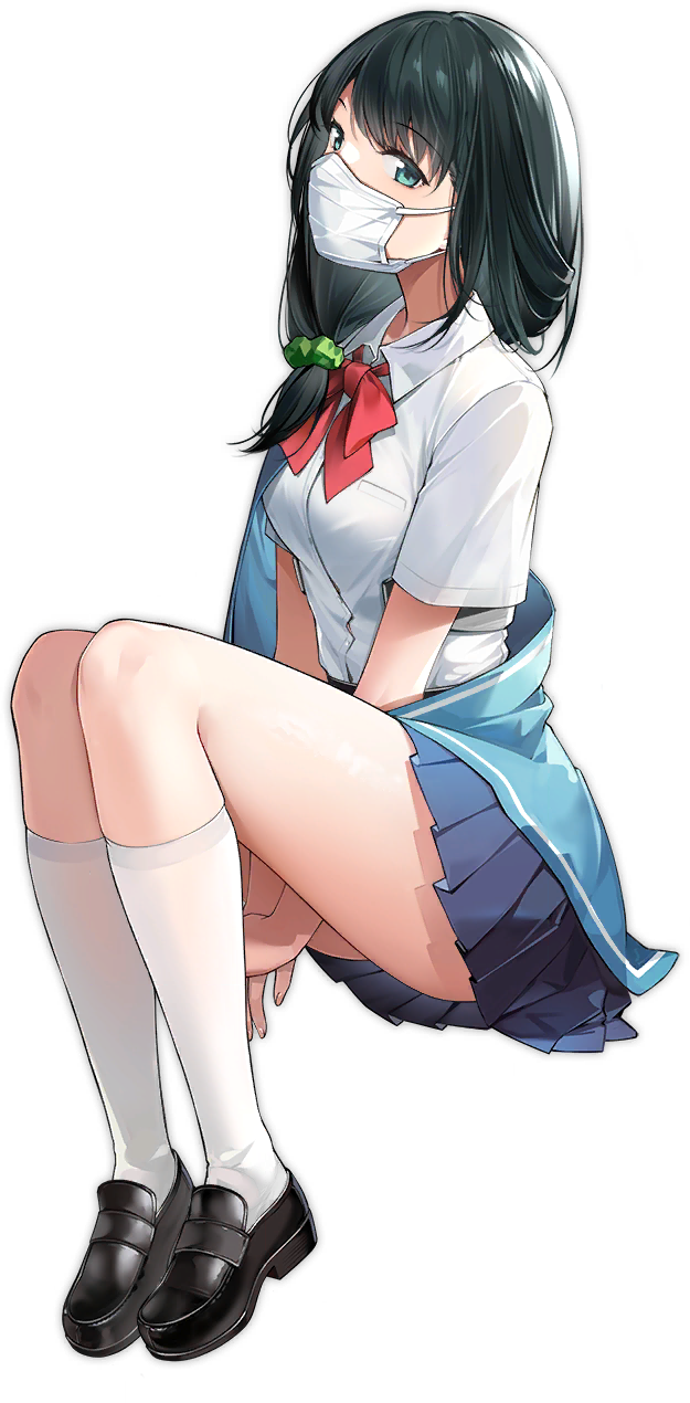 1girl artist_request azur_lane black_footwear black_hair green_eyes gridman_universe hair_ornament hair_scrunchie hassu highres kneehighs long_hair looking_at_viewer mask necktie official_art red_necktie school_uniform scrunchie shirt sitting skirt ssss.gridman transparent_background white_legwear white_shirt