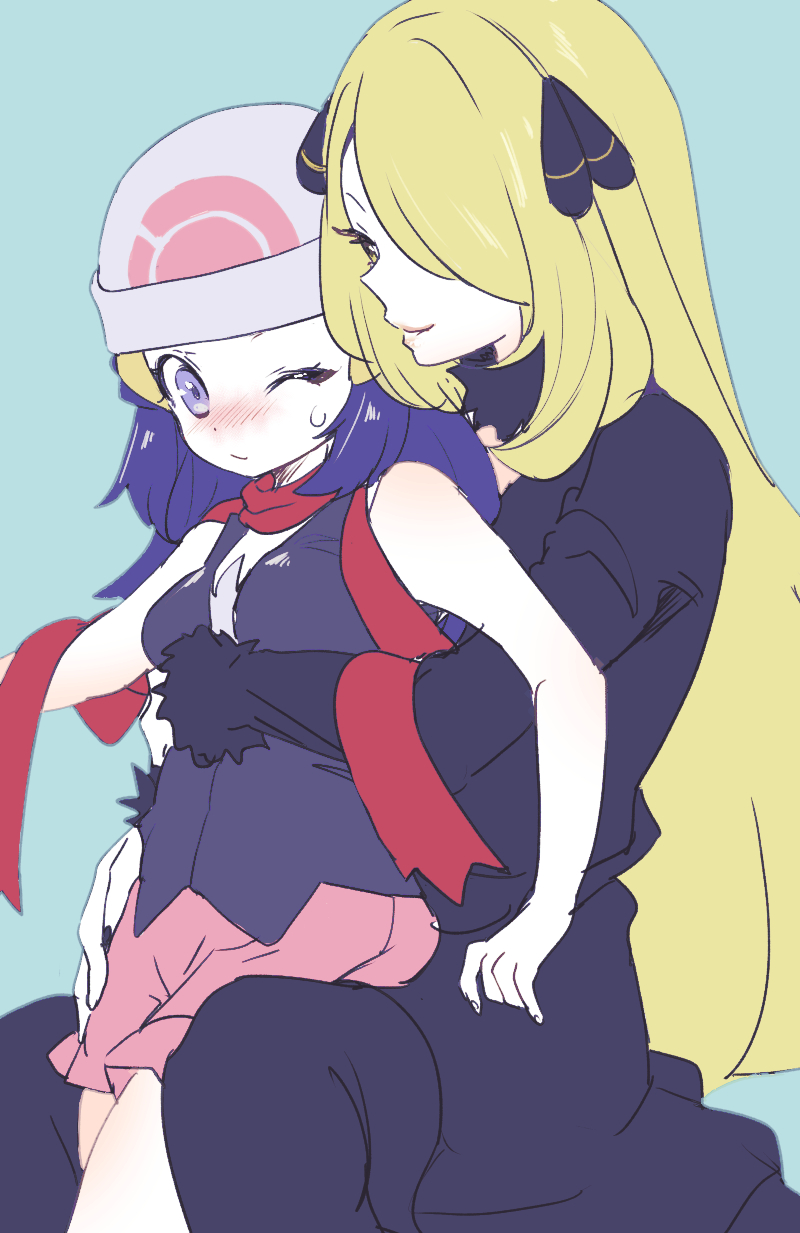 2girls age_difference bare_arms beanie black_coat blonde_hair blue_hair blush chorimokki closed_mouth coat commentary_request cynthia_(pokemon) dawn_(pokemon) eyelashes fur-trimmed_coat fur_trim grey_eyes grey_headwear hair_ornament hairclip hat highres hug hug_from_behind long_hair long_sleeves multiple_girls one_eye_closed pink_skirt pokemon pokemon_(game) pokemon_dppt red_scarf scarf shirt skirt sleeveless sleeveless_shirt smile yellow_eyes yuri