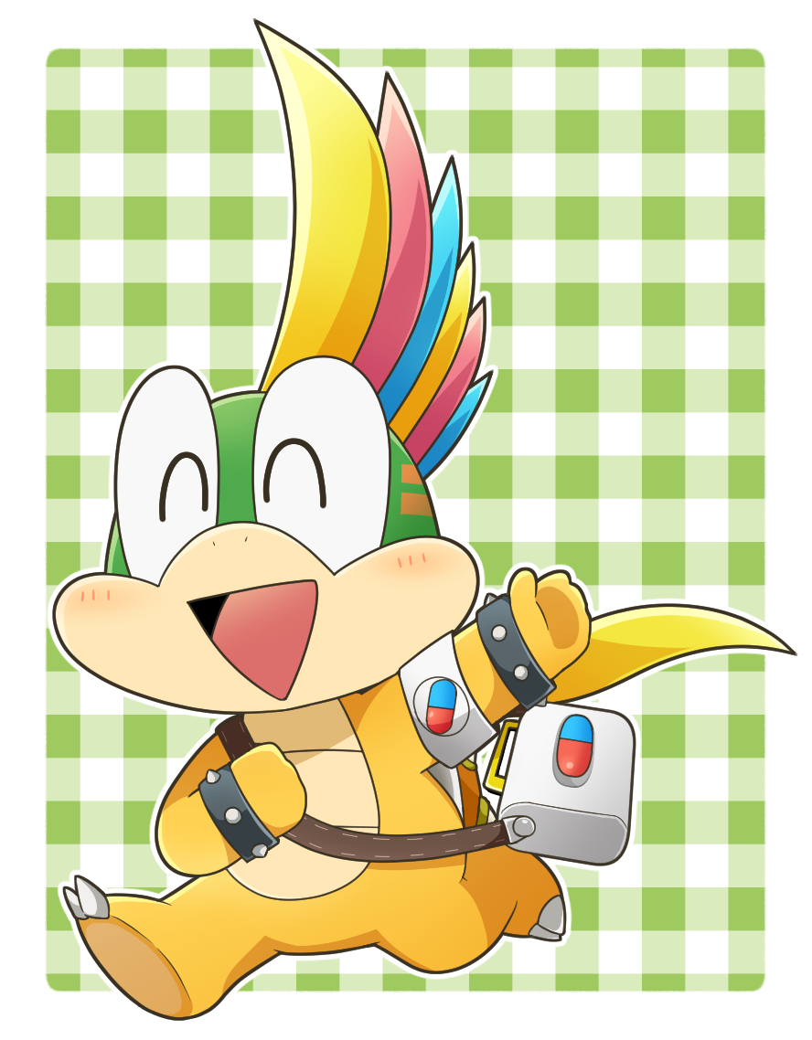 1boy :d ^_^ blush border bracelet closed_eyes dr._mario_(game) dr._mario_world full_body happy jewelry katanagi1129 koopalings lemmy_koopa male_focus mario_(series) multicolored_hair open_mouth outside_border patterned_background smile solo spiked_bracelet spikes white_border