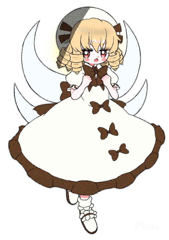 1girl bangs blonde_hair blush_stickers bow bowtie brown_bow brown_bowtie brown_eyes chestnut_mouth collared_dress dotaku_(wran8845) dress dress_bow drill_hair fairy fairy_wings hands_on_own_chest jitome luna_child mary_janes open_mouth puffy_short_sleeves puffy_sleeves shoes short_hair short_sleeves solo touhou waist_bow white_background white_dress wings
