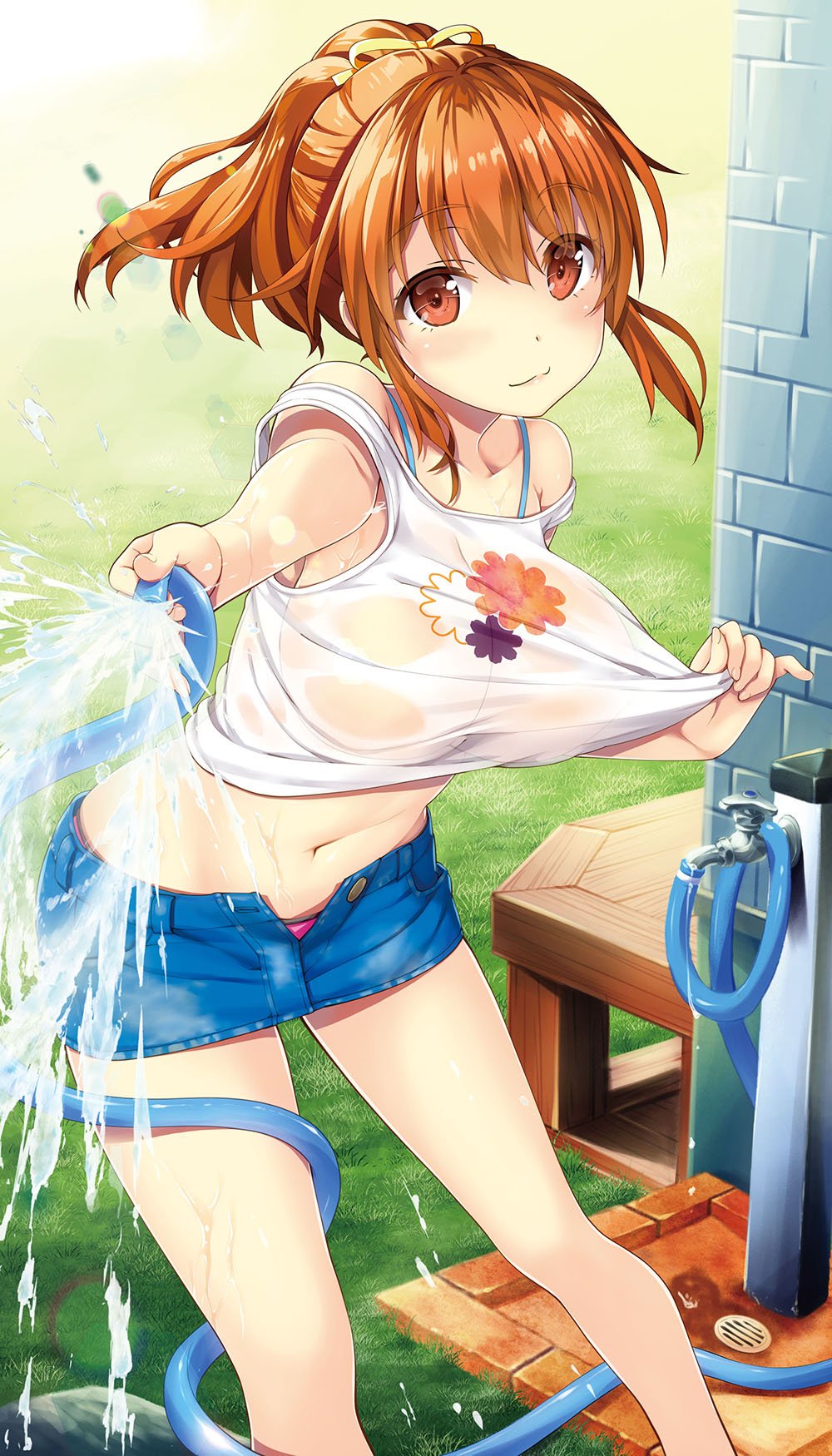 1girl 29_to_jk :3 bangs bare_shoulders bikini blue_skirt blush breasts brown_eyes brown_hair cleavage closed_mouth collarbone crop_top day denim denim_skirt drain_(object) eyebrows_visible_through_hair feet_out_of_frame foreshortening grass hair_ribbon highres holding holding_hose hose large_breasts leaning_forward looking_at_viewer microskirt midriff misaki_saki navel novel_illustration official_art open_fly outdoors pink_bikini pulled_by_self ribbon second-party_source see-through short_hair sidelocks skirt smile solo standing swimsuit swimsuit_under_clothes tank_top textless thighs unbuttoned wall water wet wet_clothes white_tank_top yan-yam yellow_ribbon