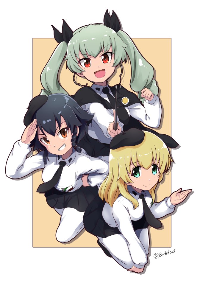 3girls anchovy_(girls_und_panzer) anzio_school_uniform bangs beret black_cape black_footwear black_hair black_headwear black_ribbon black_skirt blonde_hair blue_eyes braid brown_eyes buchikaki cape carpaccio_(girls_und_panzer) commentary dress_shirt drill_hair emblem eyebrows_visible_through_hair floating girls_und_panzer green_hair hair_ribbon hand_on_hip hat holding leaning_forward long_hair long_sleeves looking_at_viewer miniskirt multiple_girls necktie open_mouth outside_border pantyhose pepperoni_(girls_und_panzer) pleated_skirt red_eyes ribbon riding_crop salute school_uniform shirt shoes short_hair side_braid skirt smile tilted_headwear twin_drills twintails twitter_username white_legwear white_shirt wing_collar