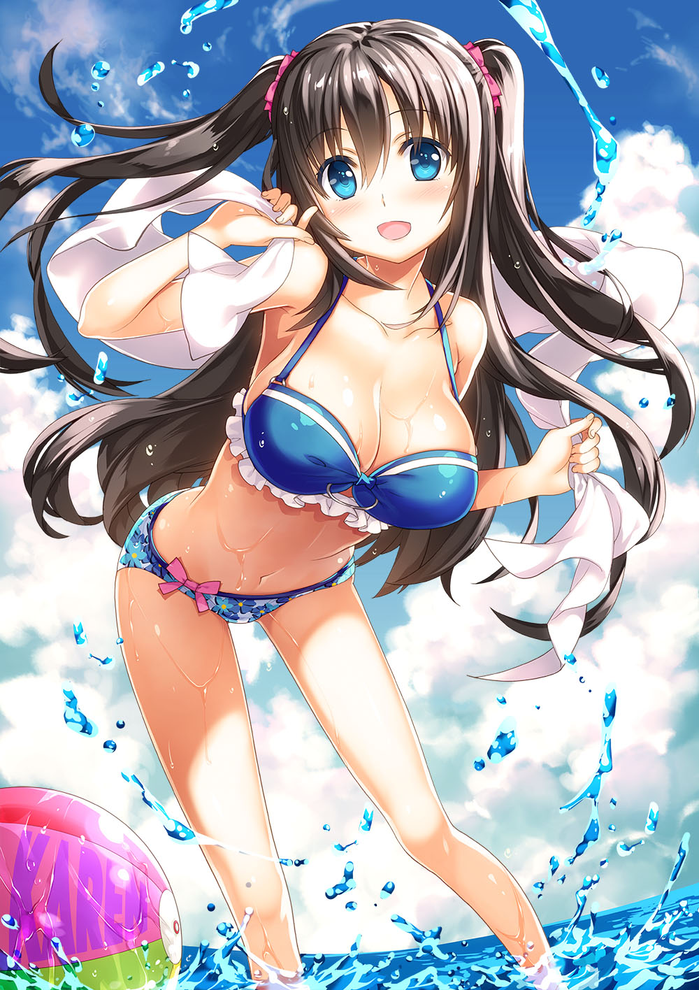 1girl 29_to_jk :d ball bangs beachball bikini black_hair blue_bikini blue_eyes blue_sky blush breasts cleavage cloud collarbone day eyebrows_visible_through_hair feet_out_of_frame fisheye frilled_bikini frills hair_between_eyes hair_ornament head_tilt highres holding large_breasts leaning_forward long_hair looking_at_viewer minamisato_karen navel novel_illustration o-ring o-ring_top ocean official_art open_mouth outdoors second-party_source shiny shiny_hair shiny_skin sky smile solo standing swimsuit textless two_side_up wading water wet yan-yam