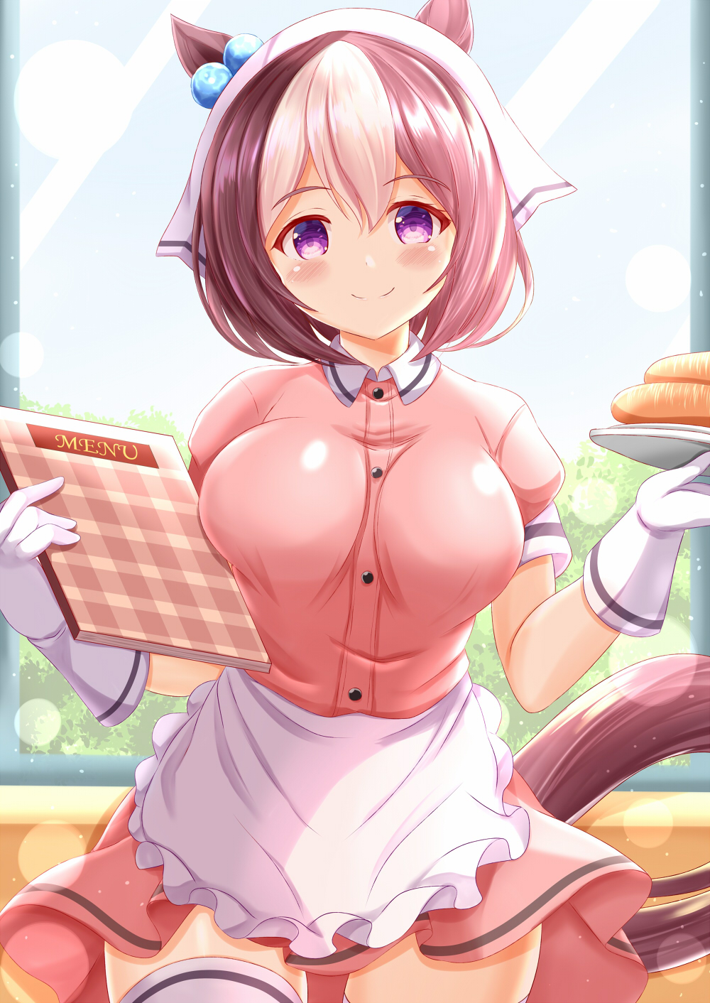 1girl animal_ears apron bangs blend_s blush breasts brown_hair carrot closed_mouth collared_shirt commentary_request cosplay day dress_shirt eyebrows_visible_through_hair frilled_apron frills gloves hair_between_eyes head_scarf highres holding holding_menu holding_plate horse_ears horse_girl horse_tail indoors medium_breasts menu multicolored_hair pink_shirt pink_skirt plate puffy_short_sleeves puffy_sleeves purple_eyes sakuranomiya_maika sakuranomiya_maika_(cosplay) shirt short_sleeves skirt smile solo special_week_(umamusume) stile_uniform tail thighhighs two-tone_hair umamusume uniform waist_apron waitress white_apron white_gloves white_hair white_legwear window zenon_(for_achieve)