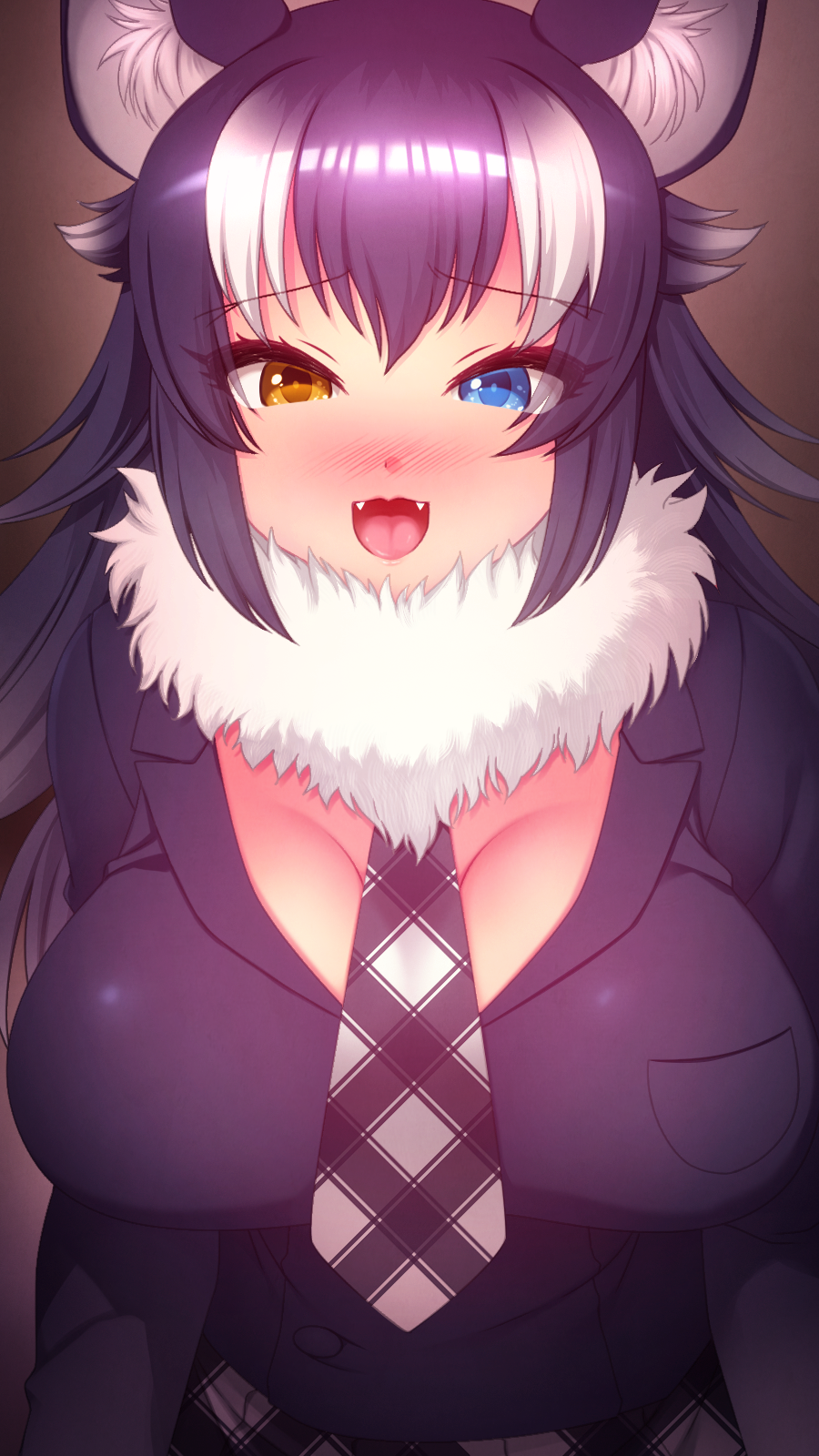 1girl animal_ears black_hair blue_eyes blush breast_pocket breasts eyebrows_visible_through_hair fangs fur_collar grey_wolf_(kemono_friends) heterochromia highres kemono_friends large_breasts looking_at_viewer multicolored_hair necktie open_mouth pocket solo tongue totokichi two-tone_hair white_hair wolf_ears wolf_girl yellow_eyes