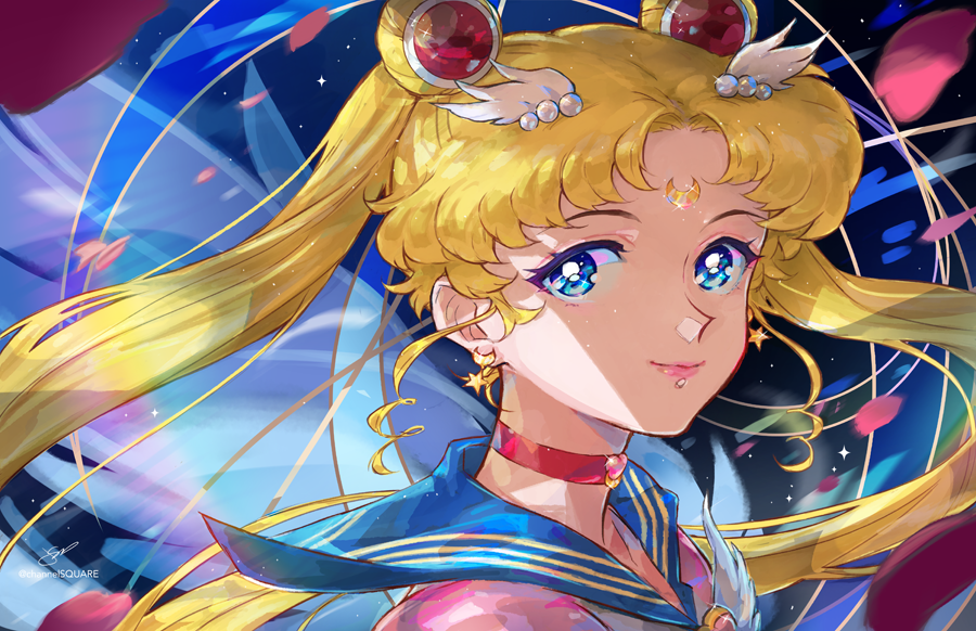 1girl bangs bishoujo_senshi_sailor_moon blonde_hair blue_eyes blue_sailor_collar channelsquare choker crescent crescent_earrings crescent_facial_mark double_bun earrings english_commentary eternal_sailor_moon facial_mark floating_hair forehead_mark heart heart_choker jewelry long_hair looking_at_viewer magical_girl parted_bangs portrait red_choker sailor_collar sailor_moon sailor_senshi_uniform smile solo space star_(sky) star_(symbol) star_earrings tsukino_usagi twintails