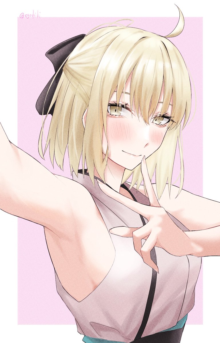 1girl ahoge armpits black_ribbon blonde_hair breasts commentary cowboy_shot egomeshi fate/grand_order fate_(series) fingernails highres japanese_clothes kimono long_fingernails medium_breasts obi okita_souji_(fate) okita_souji_(koha/ace) outside_border pixiv_fate/grand_order_contest_1 purple_background ribbon sash selfie short_hair sideboob sleeveless sleeveless_kimono solo upper_body white_background yellow_eyes