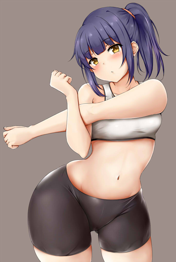 1girl ass_visible_through_thighs bangs bare_arms bike_shorts black_shorts blue_hair blunt_bangs blush collarbone commentary cowboy_shot eyebrows_visible_through_hair grey_background looking_at_viewer navel original parted_lips short_hair shorts sidelocks simple_background solo sports_bra standing stretch terakoya thighhighs tied_hair white_sports_bra wide_hips yellow_eyes