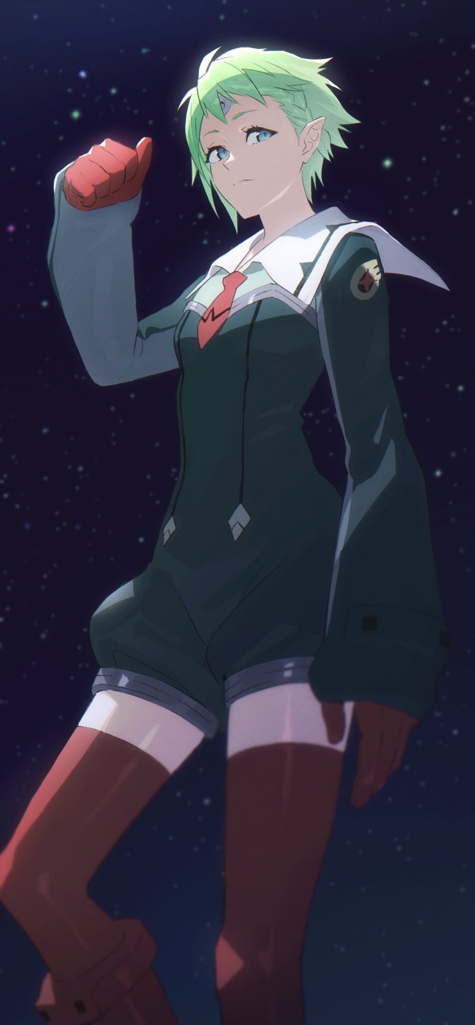 1girl blue_eyes breasts clenched_hand cosplay gloves green_hair green_jumpsuit hair_behind_ear highres lal'c_mellk_mal lal'c_mellk_mal_(cosplay) macross macross_delta mosako necktie pointy_ears red_gloves red_necktie reina_prowler sailor_collar short_hair short_necktie small_breasts smile solo space thighhighs top_wo_nerae_2!