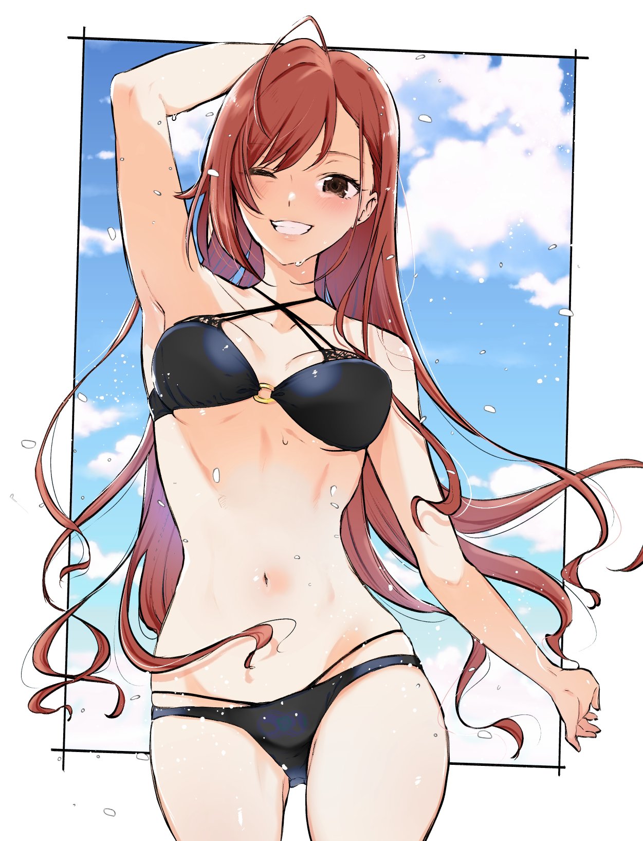 1girl ;d ahoge arisugawa_natsuha armpits bikini black_bikini blue_sky breasts cloud collarbone cowboy_shot detached_sleeves framed grin groin halterneck highres idolmaster idolmaster_shiny_colors long_hair looking_at_viewer medium_breasts midriff multi-strapped_bikini navel o-ring o-ring_bikini one_eye_closed orange_hair osomatsu_(nanameno) outside_border skindentation sky smile solo swimsuit very_long_hair water_drop wavy_hair