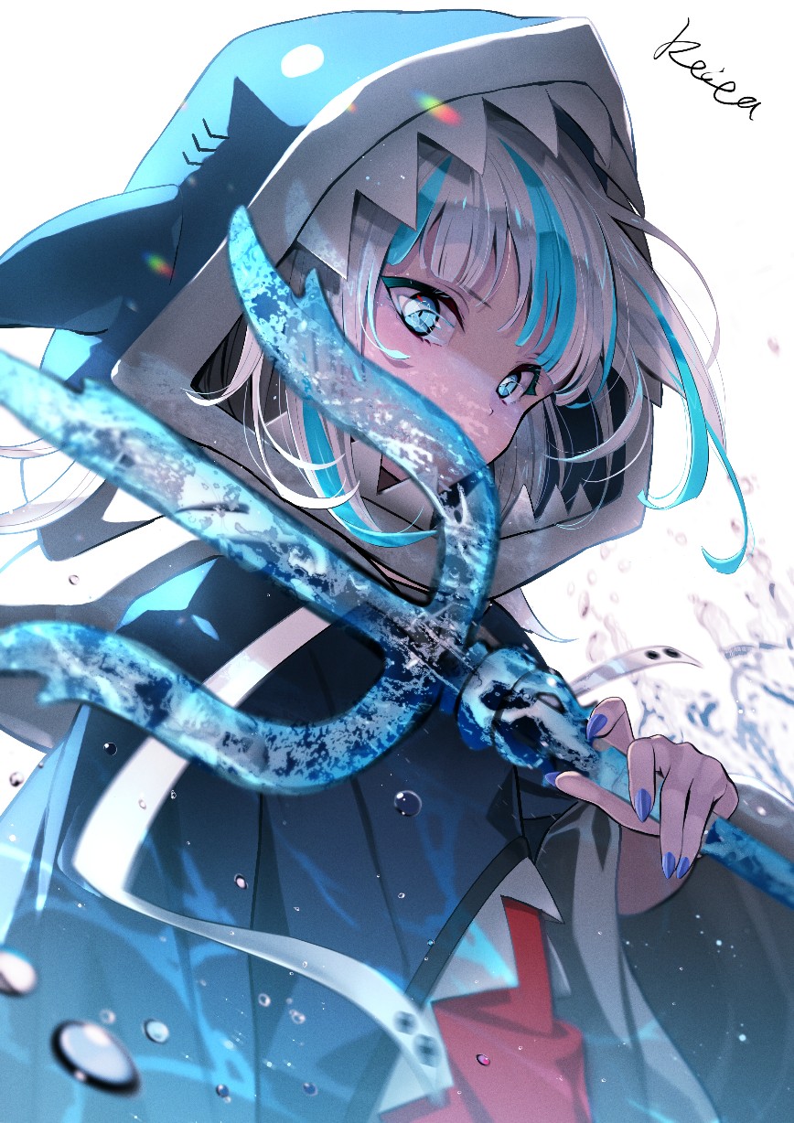 1girl artist_name blue_eyes blue_hair blue_hoodie blue_nails bubble covered_mouth floating_hair from_side gawr_gura highres holding holding_weapon hololive hololive_english hood hood_up hoodie hoshizaki_reita medium_hair multicolored_hair polearm silver_hair solo streaked_hair trident virtual_youtuber water weapon white_background