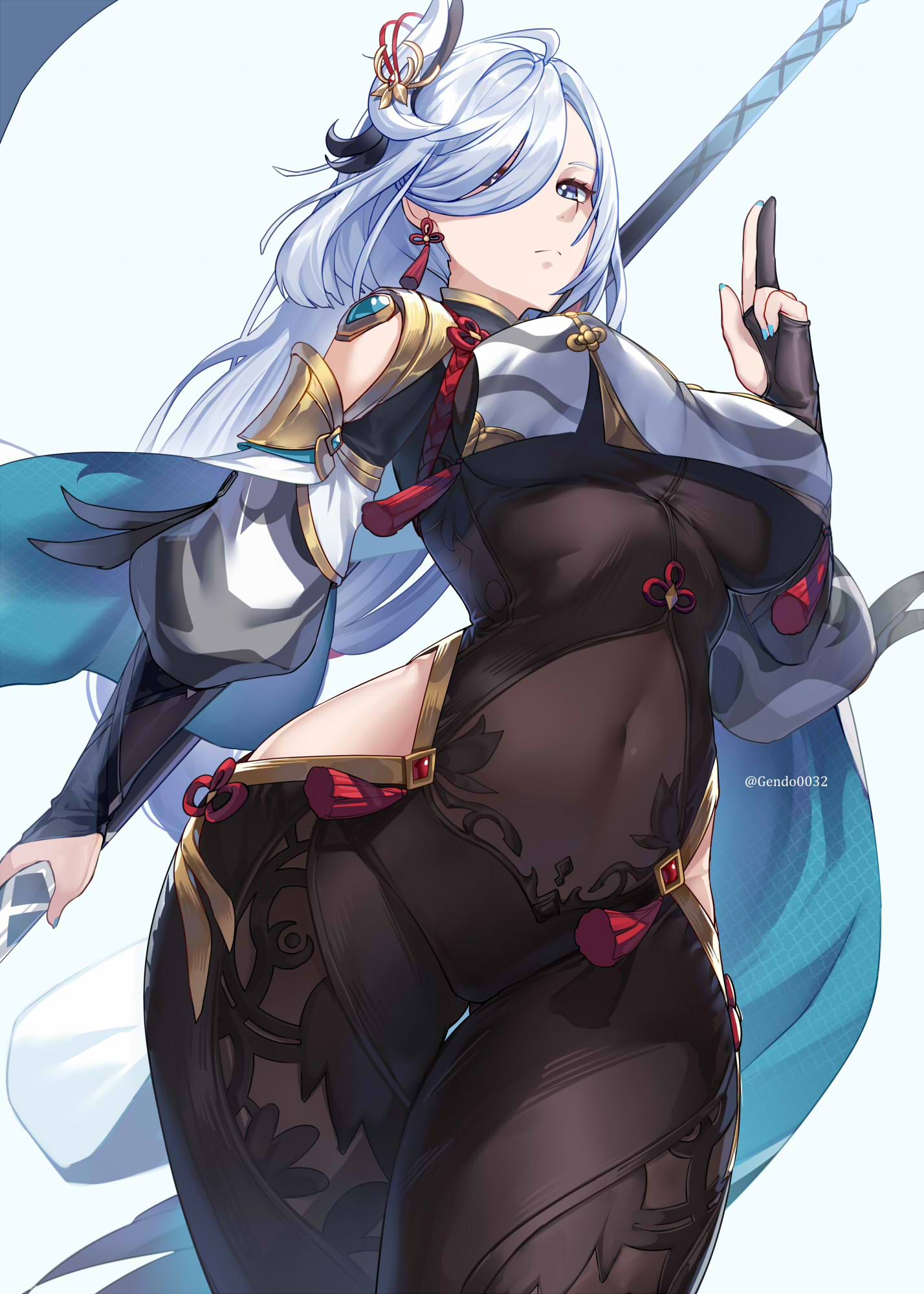 1girl bangs black_gloves blue_eyes blush bodysuit braid braided_ponytail breasts clothing_cutout covered_navel gendo0032 genshin_impact gloves hair_ornament hair_over_one_eye highres hip_vent large_breasts long_hair long_sleeves looking_at_viewer parted_lips puffy_long_sleeves puffy_sleeves shenhe_(genshin_impact) shoulder_cutout silver_hair solo tabard tassel very_long_hair