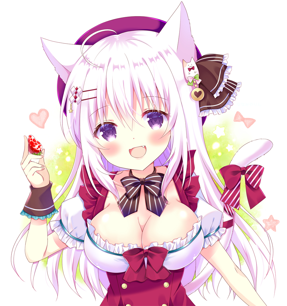 1girl :d ahoge animal_ears beret bitter_crown black_bow blush bow breasts cat_ears cat_girl cat_tail cleavage commentary diagonal-striped_bow fang food fruit hair_ornament hairclip hat head_tilt heart holding holding_food long_hair looking_at_viewer medium_breasts original puffy_short_sleeves puffy_sleeves purple_eyes red_bow red_headwear shirt short_sleeves smile solo strawberry striped striped_bow tail tail_bow tail_ornament tail_raised upper_body white_hair white_shirt wrist_cuffs