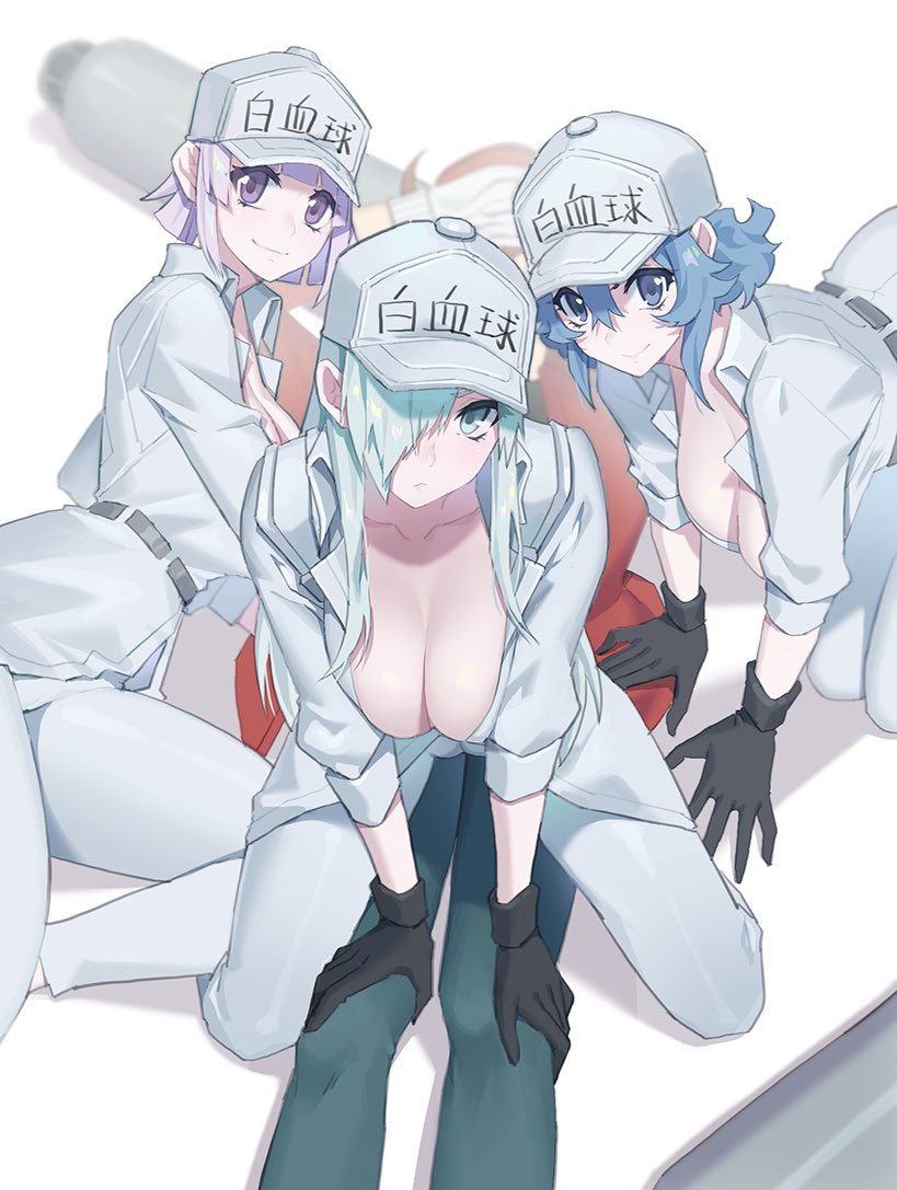 1boy 3girls aqua_eyes aqua_hair bangs baseball_cap black_gloves blue_eyes blue_hair blunt_bangs breasts cleavage clothes_writing fiodo girl_on_top gloves green_eyes green_hair hair_between_eyes hair_over_one_eye hat hataraku_saibou hataraku_saibou_black kneeling large_breasts leaning_forward long_hair looking_at_viewer lying multiple_girls on_back one_eye_covered pale_skin pants purple_eyes purple_hair red_blood_cell_(hataraku_saibou) short_hair simple_background sitting smile u-1196 u-1212 u-8787 white_background white_blood_cell_(hataraku_saibou) white_headwear white_pants yokozuwari