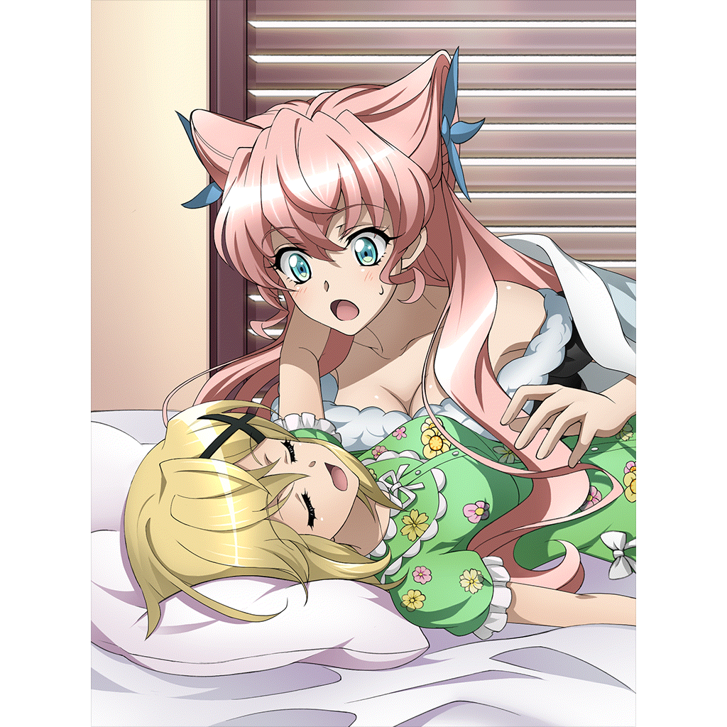 2girls akatsuki_kirika artist_request bare_shoulders bed blonde_hair blue_eyes blush breasts closed_eyes collarbone eyebrows_visible_through_hair flower hair_flower hair_ornament indoors large_breasts long_hair looking_at_another maria_cadenzavna_eve multiple_girls official_art on_bed open_mouth pajamas pink_hair senki_zesshou_symphogear senki_zesshou_symphogear_xd_unlimited shiny shiny_hair short_hair sleeping sweat x_hair_ornament yuri