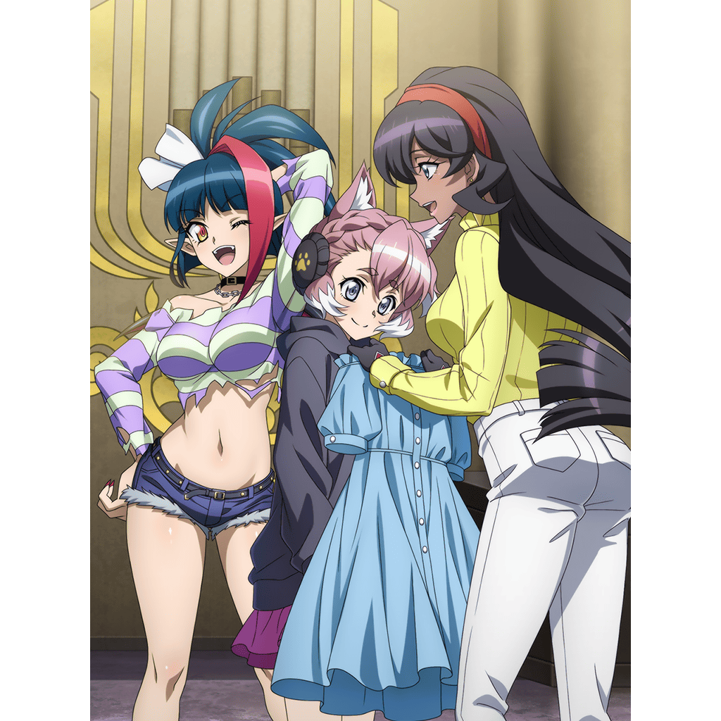 3girls animal_ears artist_request ass black_hair blue_eyes blue_hair blue_shorts blush braid breasts closed_mouth collarbone elsa_(symphogear) eyebrows_visible_through_hair fang hair_ornament hair_ribbon hairband indoors large_breasts long_hair looking_at_another midriff millaarc multicolored_hair multiple_girls navel official_art one_eye_closed open_mouth orange_eyes pants pink_hair red_hair ribbon senki_zesshou_symphogear senki_zesshou_symphogear_xd_unlimited shiny shiny_hair short_hair short_shorts shorts smile sweater vanessa_(symphogear) white_hair white_pants wolf_ears wolf_girl yellow_sweater