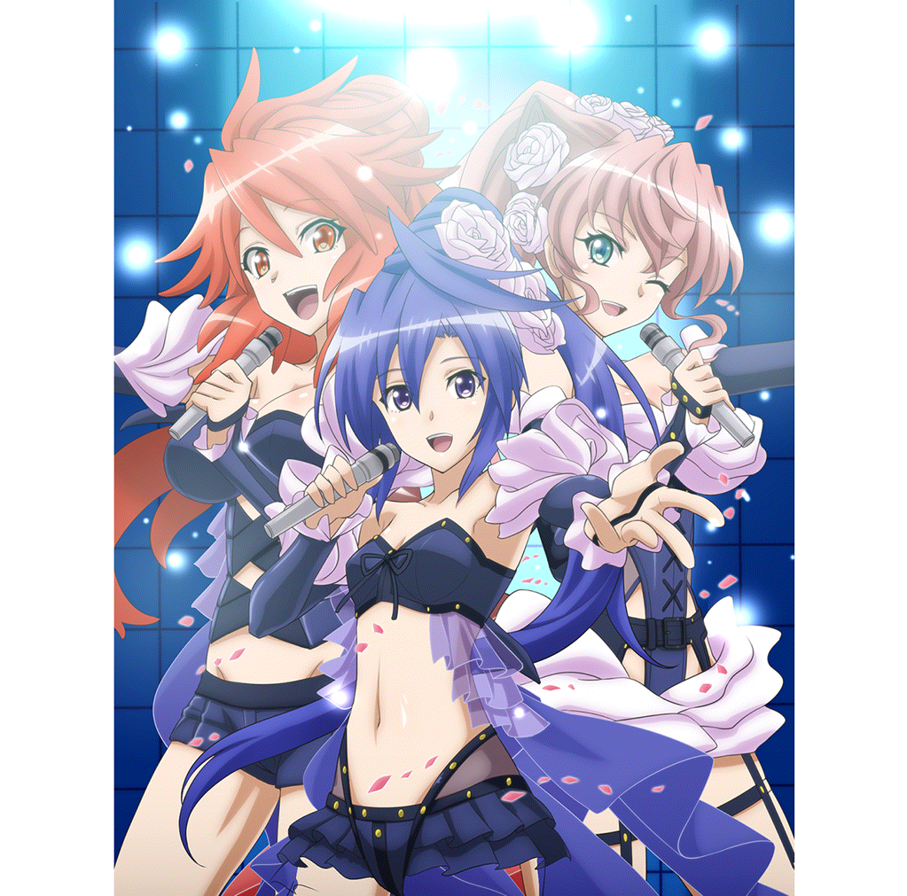 3girls amou_kanade artist_request blue_eyes blue_hair blue_shorts blush breasts cleavage collarbone eyebrows_visible_through_hair flower green_eyes hair_flower hair_ornament idol kazanari_tsubasa large_breasts long_hair looking_at_viewer maria_cadenzavna_eve microphone midriff multiple_girls music navel official_art one_eye_closed open_mouth orange_eyes pink_hair ponytail red_hair rose senki_zesshou_symphogear senki_zesshou_symphogear_xd_unlimited shiny shiny_hair shorts singing small_breasts smile