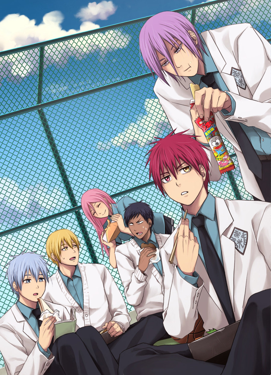 1girl 5boys :t akashi_seijuurou aomine_daiki bento blonde_hair blue_eyes blue_hair blue_shirt blue_sky candy chain-link_fence chopsticks closed_eyes cloud dark-skinned_male dark_skin eating fence food giving heterochromia highres holding holding_chopsticks holding_food jacket kise_ryouta kuroko_no_basuke kuroko_tetsuya light_blue_hair long_hair long_sleeves looking_at_another momoi_satsuki multiple_boys murasakibara_atsushi necktie pants parted_lips pink_hair purple_eyes purple_hair red_eyes red_hair rooftop school_uniform shirt short_hair skirt sky smile sweatdrop xuan_zhi_yue_ying yellow_eyes