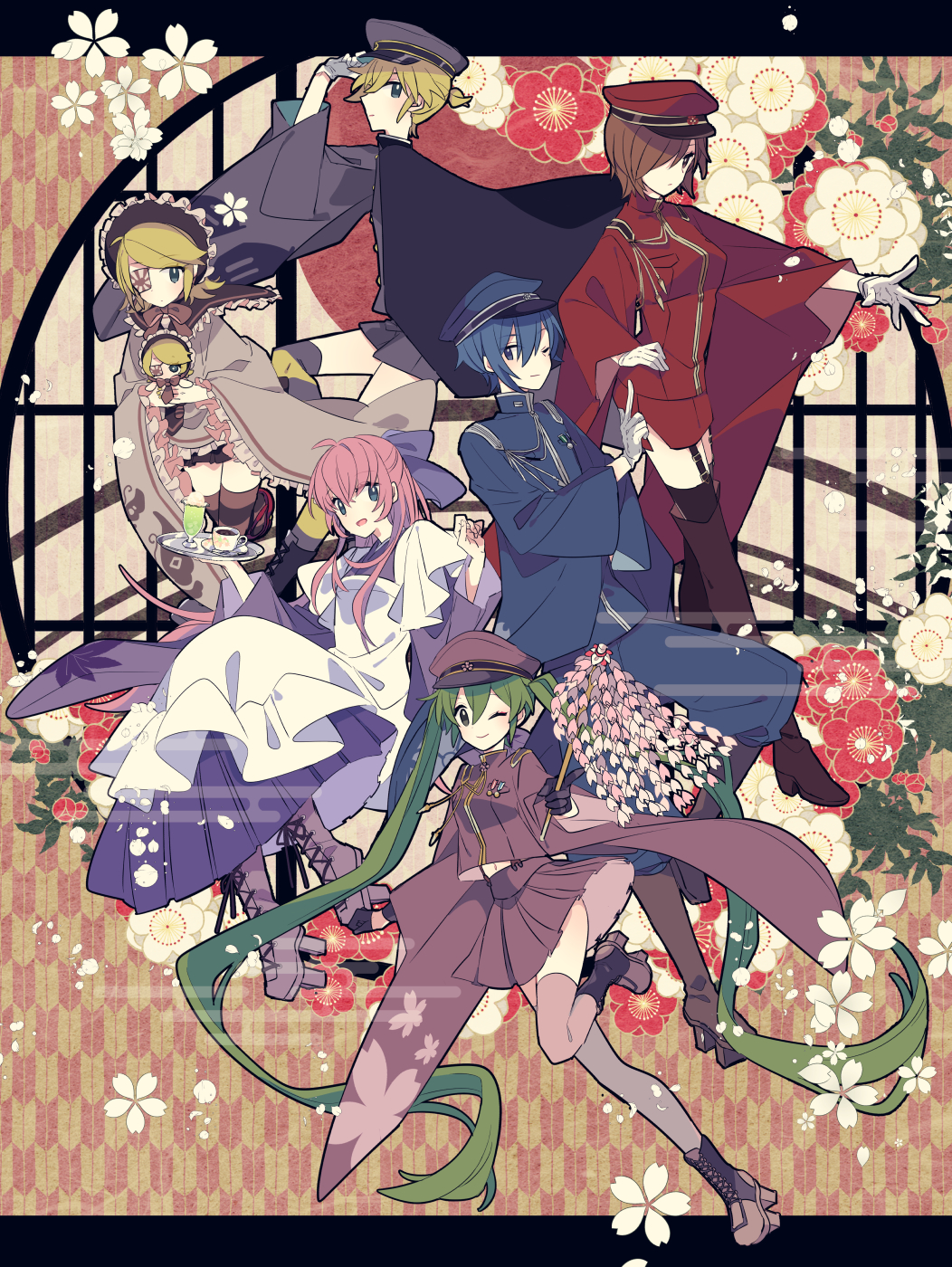 blonde_hair blue_hair brown_hair cape dress eyepatch floral_background frilled_dress frills green_hair hat hatsune_miku highres japanese_clothes kagamine_len kagamine_rin kaito_(vocaloid) maid megurine_luka meiko military_hat miniskirt ni_no_sakura_kouchou_(module) ni_no_sakura_senbu_(module) pink_hair ribbon senbon-zakura_(vocaloid) skirt tray twintails vocaloid yoshiki