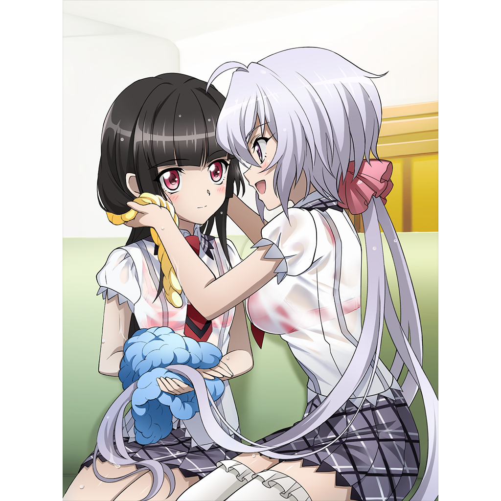 2girls artist_request black_hair blush bra breasts closed_mouth drying large_breasts long_hair looking_at_another multiple_girls official_art purple_eyes red_bra red_eyes school_uniform see-through senki_zesshou_symphogear senki_zesshou_symphogear_xd_unlimited silver_hair small_breasts smile tsukuyomi_shirabe twintails underwear yukine_chris yuri