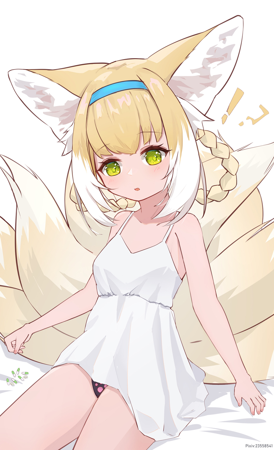 !? 1girl animal_ears arknights bangs bed_sheet black_panties blonde_hair blunt_bangs braid chinese_commentary collarbone commentary_request dress eyebrows_visible_through_hair fox_ears fox_girl fox_tail green_eyes hair_between_eyes hairband highres kyuubi long_hair looking_at_viewer luma_li multiple_tails panties pantyshot parted_lips paw_print pill sidelocks simple_background sitting sleeveless solo spaghetti_strap suzuran_(arknights) tail twin_braids underwear white_background white_dress