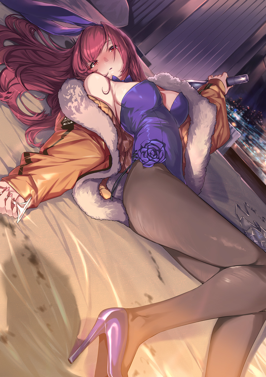 1girl animal_ears bangs blush breasts drunk fake_animal_ears fate/grand_order fate_(series) highleg highleg_leotard highres large_breasts leotard long_hair looking_at_viewer ohland pantyhose piercing_bunny purple_leotard rabbit_ears scathach_(fate) solo