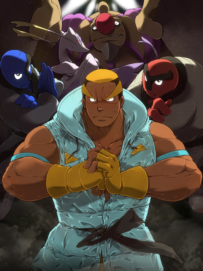 1boy armband bara bare_shoulders black_sash buzz_cut closed_mouth columns_ke commentary_request conkeldurr dark-skinned_male dark_skin fingerless_gloves fist_in_hand frown gloves green_jacket jacket male_focus marshal_(pokemon) mienshao multicolored_hair muscular muscular_male orange_gloves orange_hair own_hands_together pokemon pokemon_(creature) pokemon_(game) pokemon_bw sash sawk short_hair sleeveless sleeveless_jacket throh two-tone_hair very_short_hair