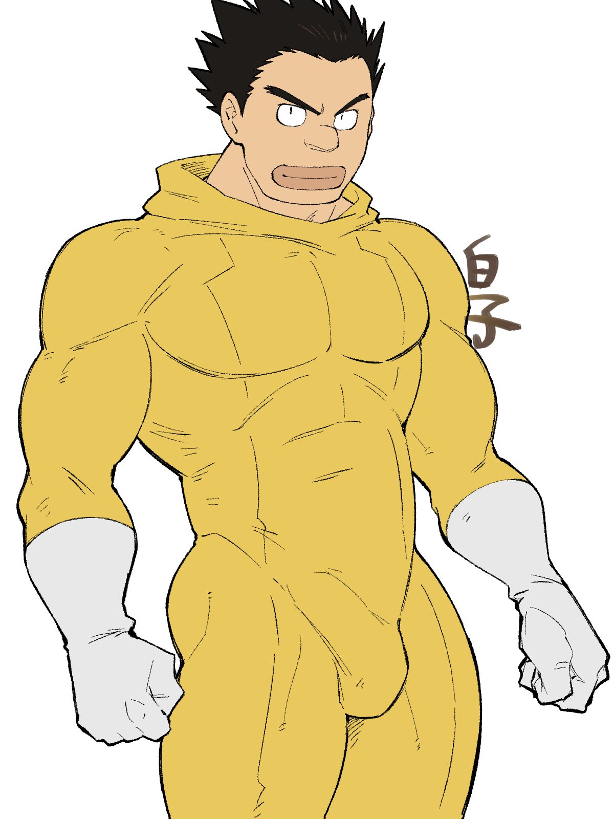 1boy bara bodysuit boku_no_hero_academia bulge erection erection_under_clothes feet_out_of_frame gloves highres hood hood_down kirupi large_pectorals lips looking_at_viewer male_focus mask mask_removed muscular muscular_male pectorals satou_rikidou short_hair solo spiked_hair thick_thighs thighs white_gloves yellow_bodysuit zentai