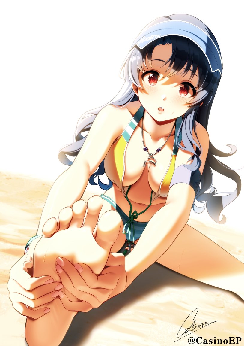 1girl bangs bare_arms bare_shoulders barefoot bikini black_hair blush breasts casino_(casinoep) collarbone commentary_request dutch_angle feet foot_focus foot_out_of_frame foreshortening front-tie_bikini front-tie_top halter_top halterneck hands hands_on_feet idolmaster idolmaster_million_live! long_hair looking_at_viewer medium_breasts navel necktie panties red_eyes signature sitting soles solo striped striped_bikini swimsuit takayama_sayoko toes underwear visor_cap