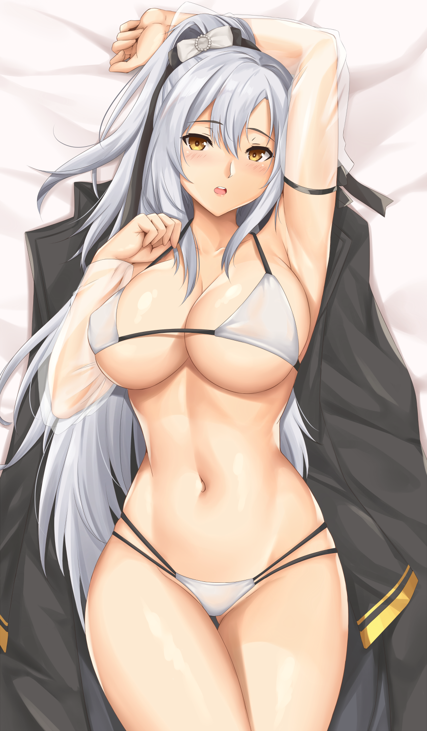 1girl arciealbano armpits azur_lane bikini black_coat breasts cleavage coat coat_on_shoulders covered_nipples detached_sleeves drake_(azur_lane) drake_(the_golden_hind's_respite)_(azur_lane) from_above high_ponytail highres large_breasts looking_at_viewer lying official_alternate_costume on_back see-through_sleeves silver_hair solo swimsuit white_bikini yellow_eyes