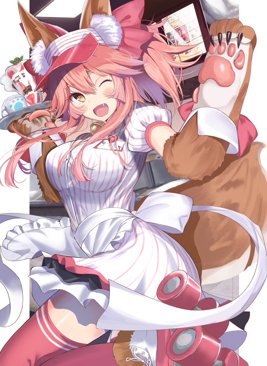 1girl animal_ear_fluff animal_ears animal_hands bangs bell blush bow breasts collar dress fate/extra fate/grand_order fate_(series) fox_ears fox_girl fox_tail gloves hair_between_eyes hair_bow jingle_bell large_breasts long_hair looking_at_viewer lostroom_outfit_(fate) neck_bell neko_daruma one_eye_closed open_mouth parfait paw_gloves pink_hair pink_legwear ponytail puffy_short_sleeves puffy_sleeves red_bow roller_skates short_sleeves sidelocks skates smile solo tail tamamo_(fate) tamamo_cat_(fate) thighhighs tray visor_cap white_dress yellow_eyes