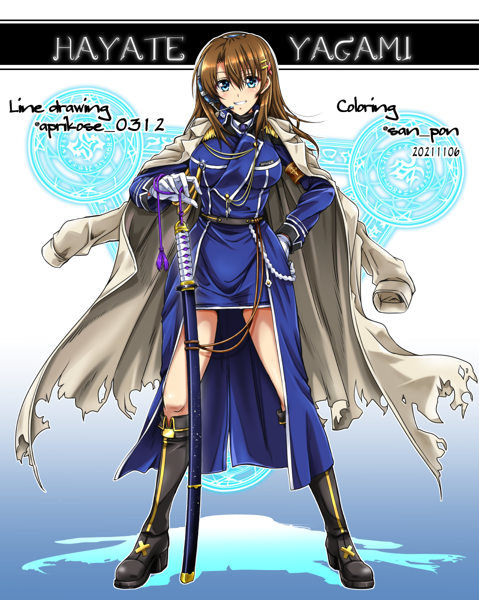 1girl black_legwear blue_eyes blush boots breasts brown_hair character_name commentary_request hair_ornament hairclip hand_on_hip highres knee_boots kneehighs large_breasts looking_at_viewer lyrical_nanoha mahou_senki_lyrical_nanoha_force medium_hair military military_uniform parted_lips san-pon shiny shiny_hair smile solo sword uniform weapon x_hair_ornament yagami_hayate