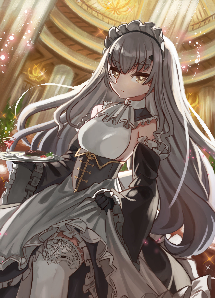 1girl alternate_costume ascot bangs black_dress black_gloves breasts brown_eyes corset cup detached_sleeves dress drinking_glass enmaided fairy_knight_lancelot_(fate) fate/grand_order fate_(series) food frills gloves highres long_hair looking_at_viewer m0_chi maid maid_headdress plate sidelocks small_breasts solo thighhighs thighs tray white_hair white_legwear wide_sleeves