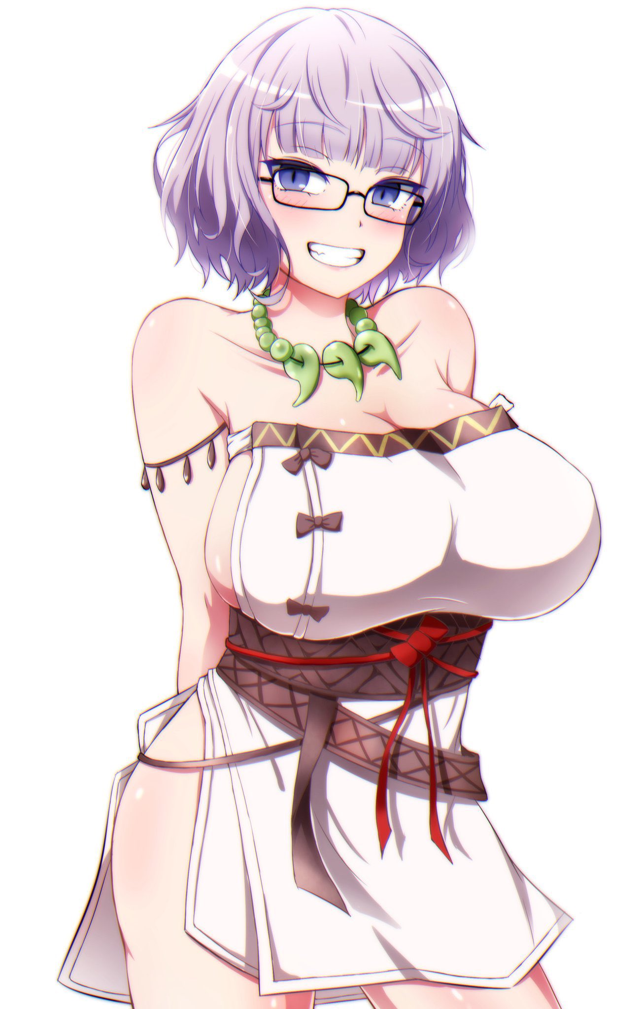 1girl arms_behind_back blue_eyes breasts cosplay fate/grand_order fate_(series) glasses grey_hair grin highres himiko_(fate) himiko_(fate)_(cosplay) jacques_de_molay_(foreigner)_(fate) large_breasts magatama magatama_necklace sideboob smile sotomichi white_background