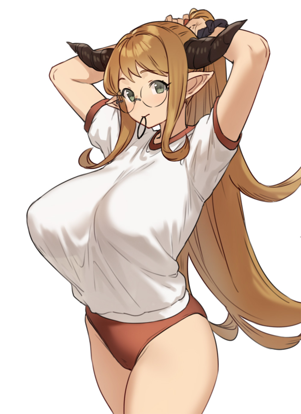 1girl arms_up black_scrunchie blonde_hair breasts buruma cowboy_shot draph glasses granblue_fantasy green_eyes gym_shirt gym_uniform hair_ribbon hair_tie_in_mouth highres horns houtengeki large_breasts long_hair looking_at_viewer mouth_hold pointy_ears ponytail red_buruma ribbon round_eyewear sarya_(granblue_fantasy) scrunchie shirt solo thighs tying_hair wrist_scrunchie