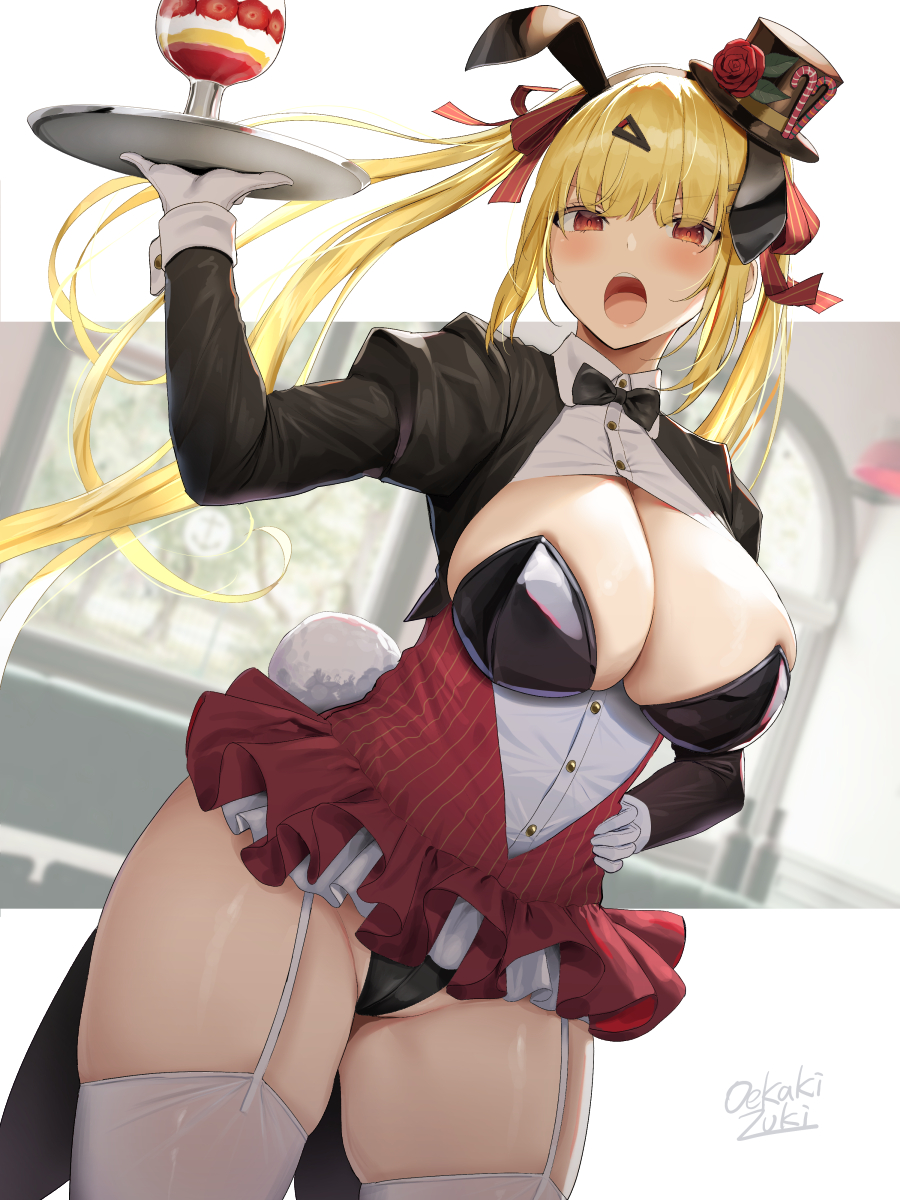 1girl animal_ears artist_name bangs black_bow black_bowtie blonde_hair blush bow bowtie breasts cleavage commentary_request dessert eyebrows_visible_through_hair fake_animal_ears fake_tail feet_out_of_frame food gloves hair_ornament hair_ribbon hairclip hat highres large_breasts leotard long_hair looking_at_viewer mini_hat mini_top_hat oekakizuki open_mouth original rabbit_ears rabbit_tail red_eyes ribbon skindentation solo striped striped_ribbon tail thighhighs thighs top_hat tray twintails white_gloves white_legwear