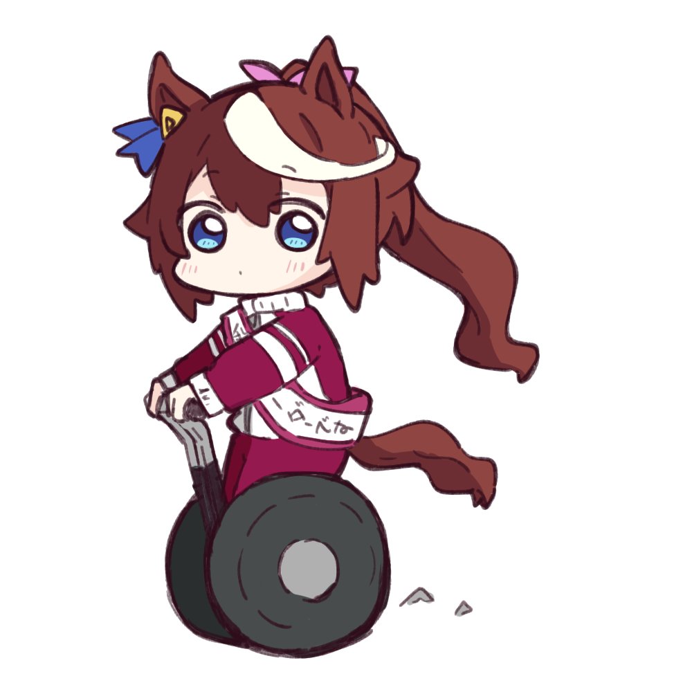 1girl animal_ears bangs blue_eyes blush brown_hair chibi closed_mouth commentary eyebrows_visible_through_hair full_body hair_between_eyes hair_ribbon hitomiz horse_ears horse_girl horse_tail jacket long_hair long_sleeves looking_at_viewer multicolored_hair pants pink_ribbon ponytail red_jacket red_pants ribbon sash segway simple_background sleeves_past_wrists solo streaked_hair symbol-only_commentary tail tokai_teio_(umamusume) track_jacket track_pants track_suit translation_request umamusume very_long_hair white_background white_hair