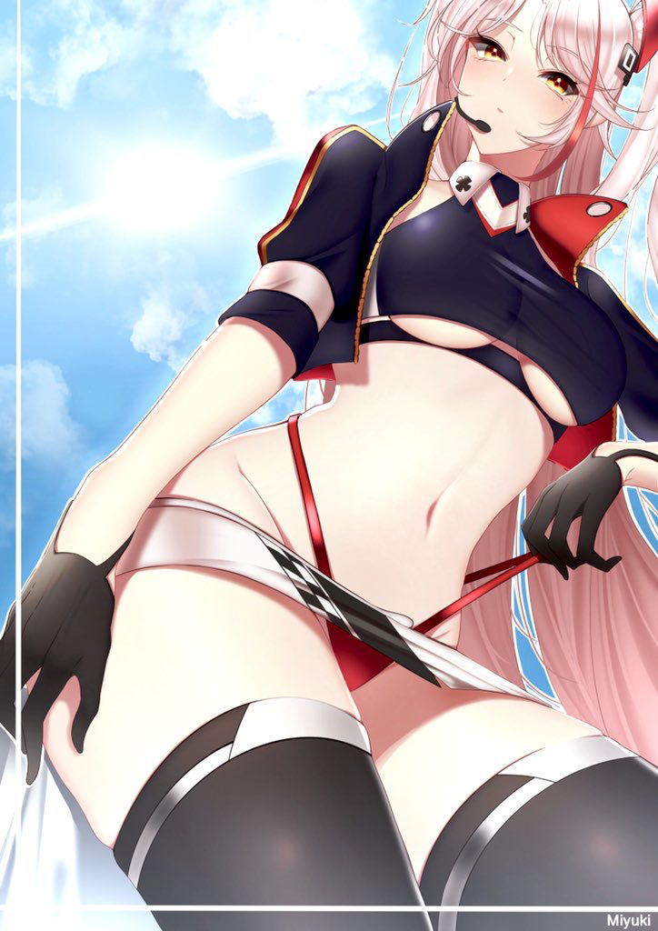 1girl azur_lane black_gloves black_legwear breasts cropped_jacket cropped_shirt eyebrows_visible_through_hair from_below gloves half_gloves headgear headset jacket large_breasts long_hair medium_breasts microphone miyuki_(9029009) multicolored_hair official_alternate_costume open_clothes open_jacket panties prinz_eugen_(azur_lane) prinz_eugen_(final_lap)_(azur_lane) pulled_by_self purple_jacket race_queen red_hair red_panties skirt solo strap_pull streaked_hair thighhighs two-tone_hair underboob underwear very_long_hair white_hair white_skirt yellow_eyes