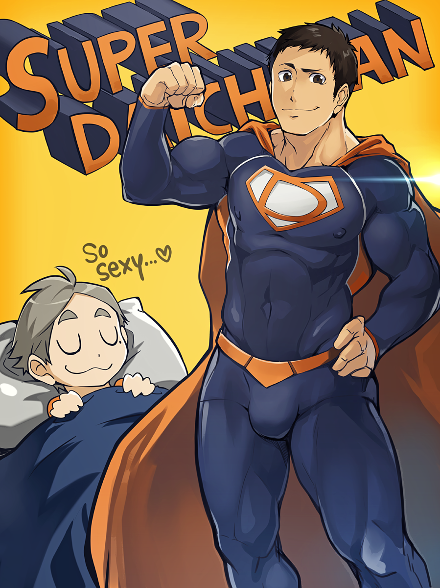 2boys 8_(yamalu) bara biceps black_hair blue_bodysuit bodysuit bulge cape closed_mouth cosplay costume covered_nipples dc_comics dreaming flexing grey_hair haikyuu!! highres large_pectorals looking_at_viewer lying male_focus multiple_boys muscular muscular_male navel nipples on_back on_bed orange_cape pectorals pillow pose sawamura_daichi short_hair sideburns sleeping sugawara_koushi superman superman_(cosplay) thick_thighs thighs under_covers yellow_background